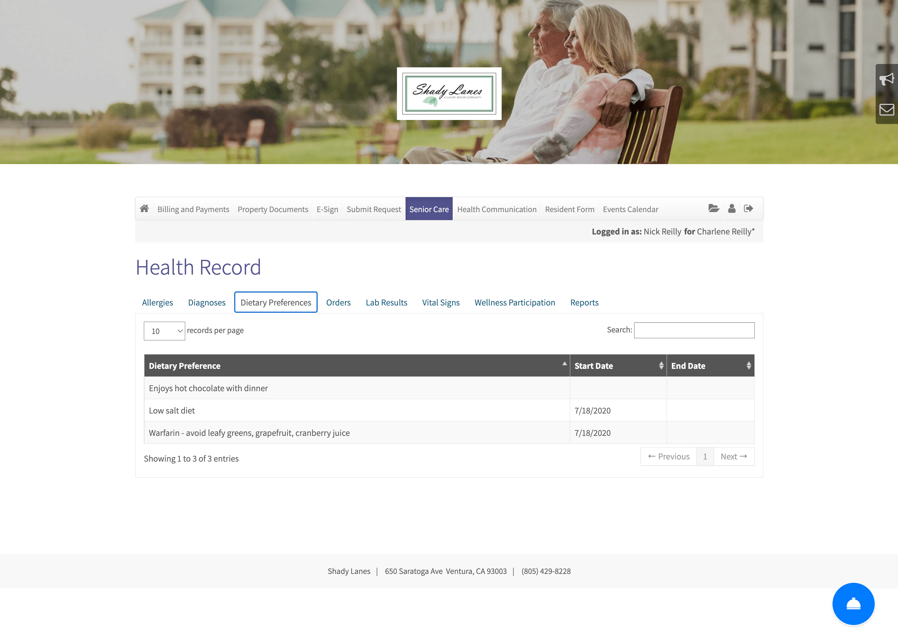screenshot of RentCafe Senior Living Portal